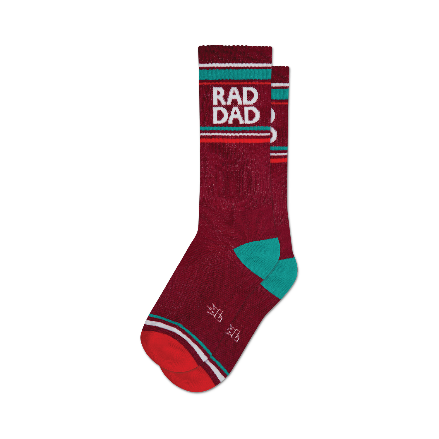 Pair of maroon crew socks with teal accents and a retro-style 'Rad Dad' graphic. 