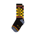 A pair of black crew socks with yellow and red stripes. The socks feature the text 'KILL YOUR PHONE LIVE YOUR LIFE' in yellow.