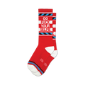 Pair of red crew socks with a bold 'Go Fuck Your Selfie' message in white and blue. Features blue and white stripes.