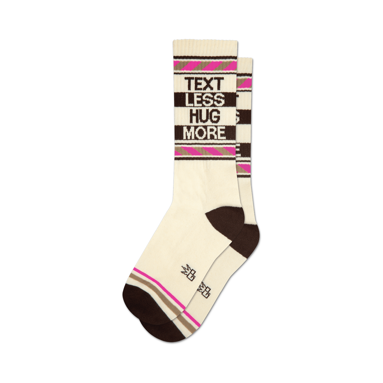 Pair of cream crew socks with brown and pink stripes. The words 'Text Less Hug More' are displayed vertically on the socks.