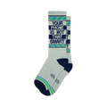 A pair of white crew socks with navy blue and light green stripes and the text 'Your Phone Is Not That Smart' in dark blue.