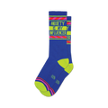 Pair of blue crew socks with neon yellow and pink stripes and the text 'Anxiety Is My Influencer' on the leg.