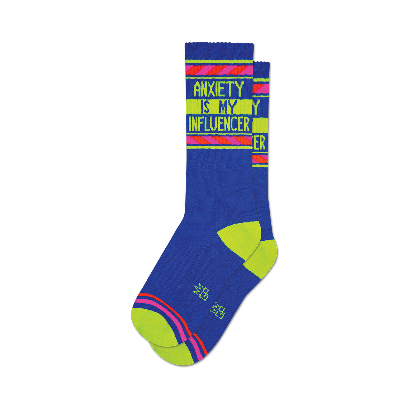 Pair of blue crew socks with neon yellow and pink stripes and the text 'Anxiety Is My Influencer' on the leg.