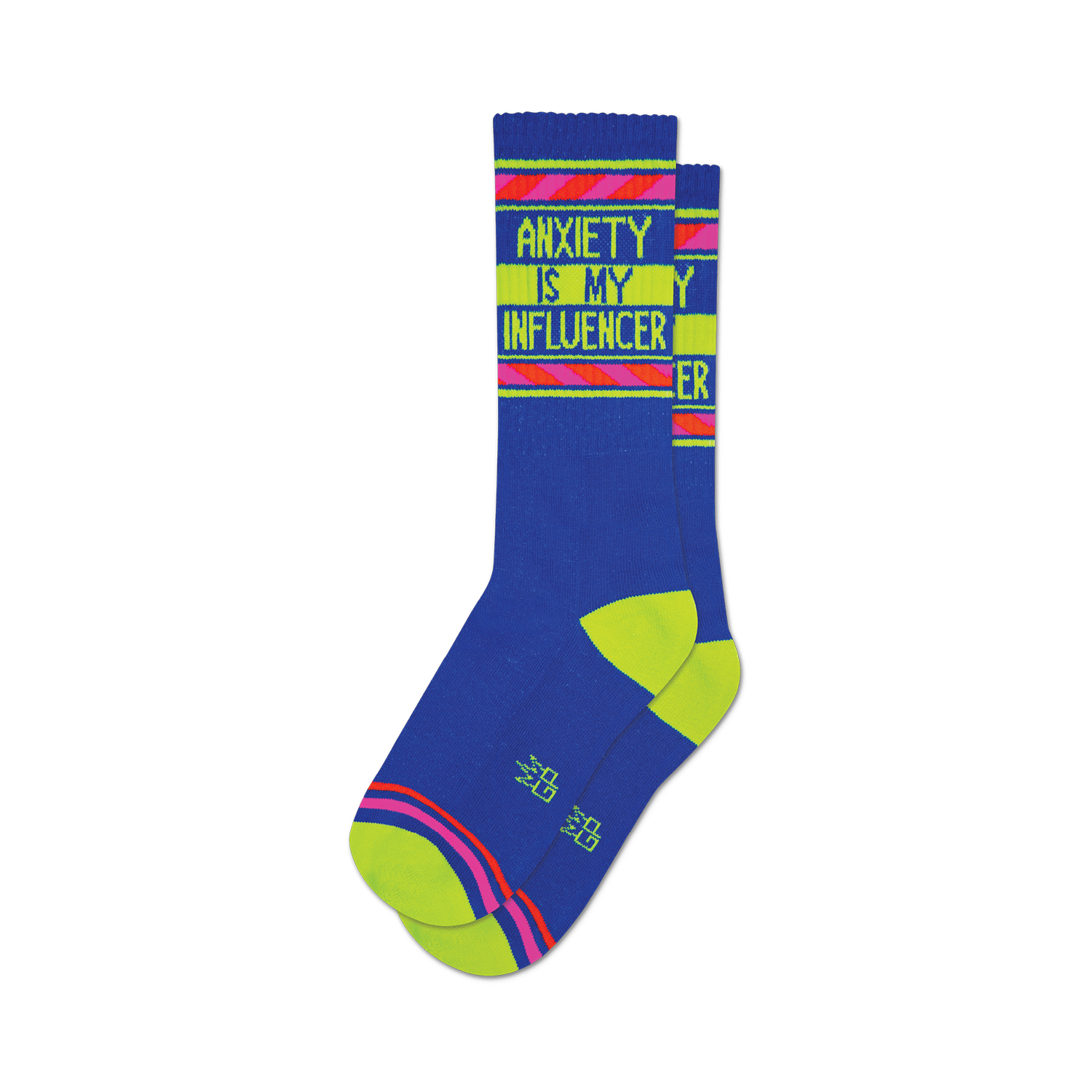 Pair of blue crew socks with neon yellow and pink stripes and the text 'Anxiety Is My Influencer' on the leg.