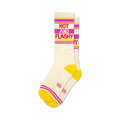 Pair of cream crew socks with yellow, pink, and red stripes.  The text 'HOT AND FLASHY' is featured on the socks.