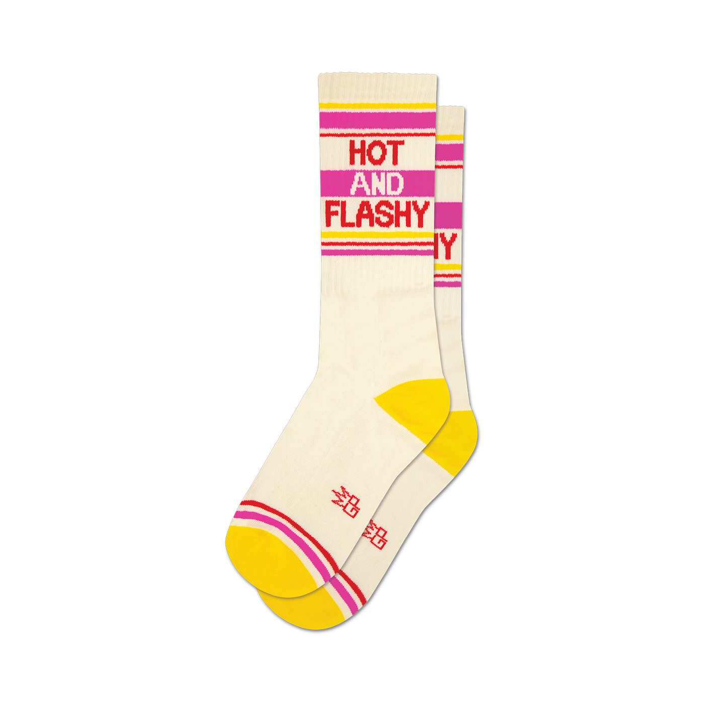 Pair of cream crew socks with yellow, pink, and red stripes.  The text 'HOT AND FLASHY' is featured on the socks.