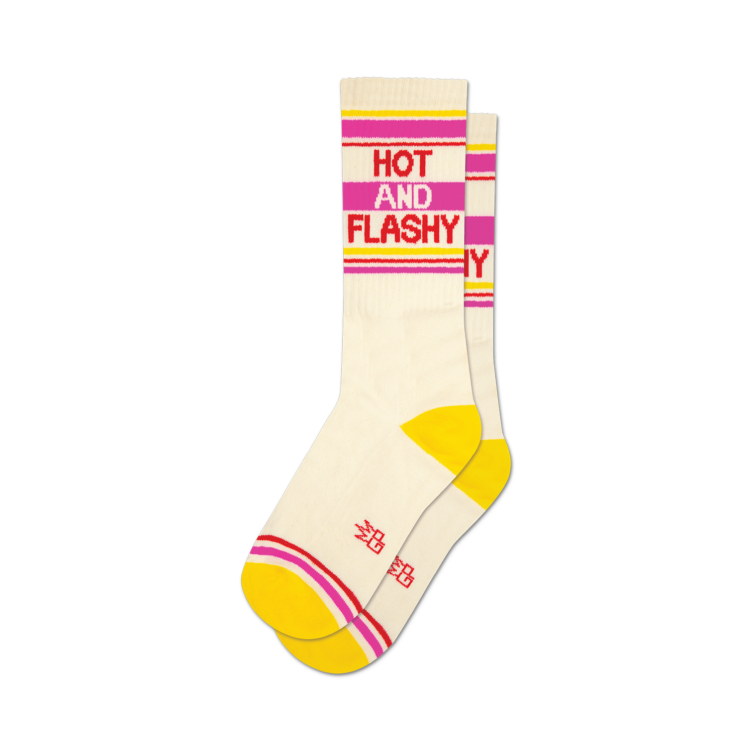 Pair of cream crew socks with yellow, pink, and red stripes.  The text 'HOT AND FLASHY' is featured on the socks.