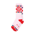 Pair of pink crew socks with red and rainbow stripes.  '100% That Queen' is written in red.