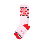 Pair of pink crew socks with red and rainbow stripes.  '100% That Queen' is written in red.