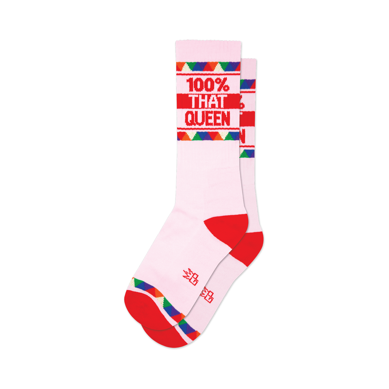 Pair of pink crew socks with red and rainbow stripes.  '100% That Queen' is written in red.