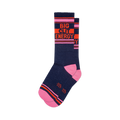 Pair of navy blue crew socks with pink and orange stripes featuring the text 'Big City Energy'.