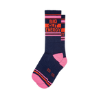 Pair of navy blue crew socks with pink and orange stripes featuring the text 'Big City Energy'.