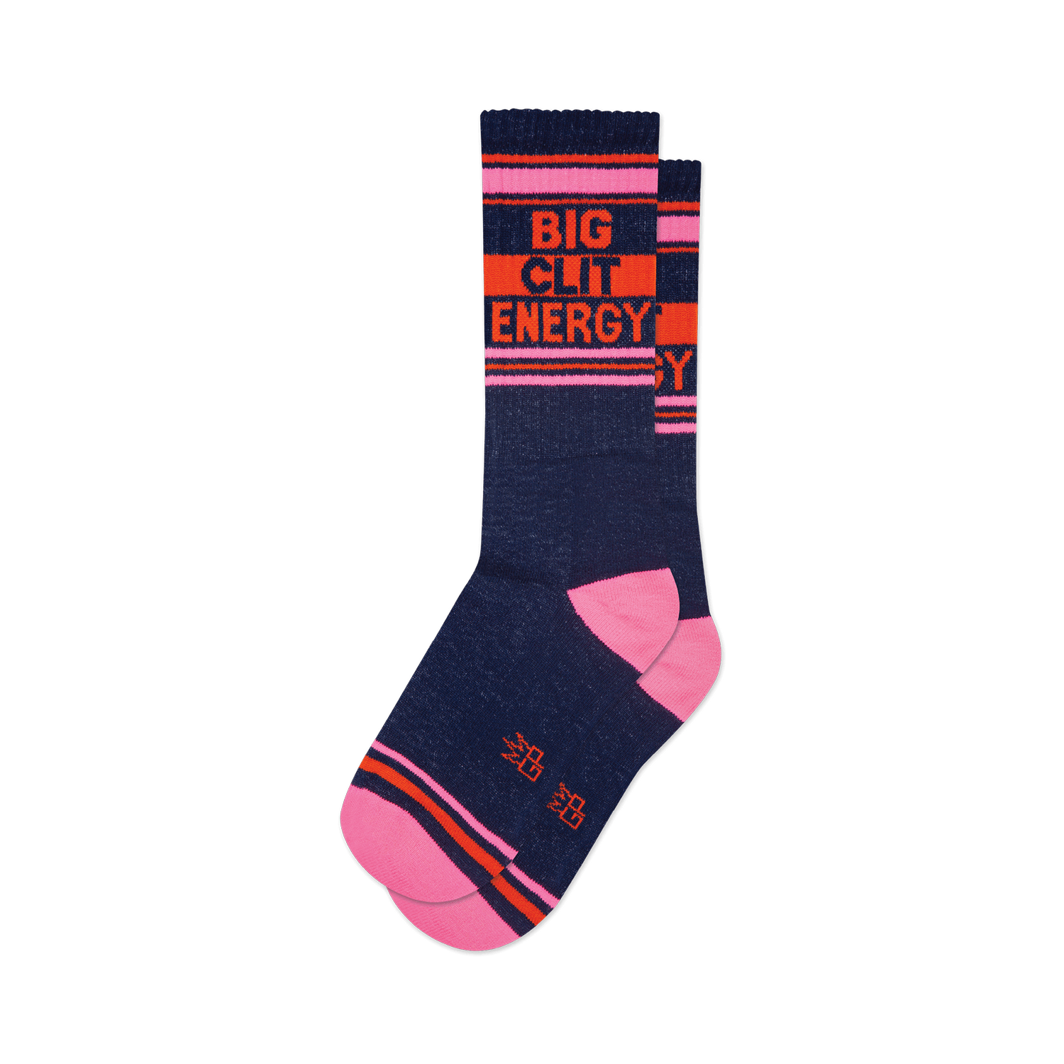 Pair of navy blue crew socks with pink and orange stripes featuring the text 'Big City Energy'.