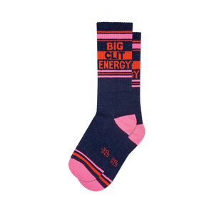 side view of a pair of blue socks with pink and orange stripes that say 