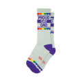 Pair of light grey crew socks with purple cuffs. Design includes 'Proud Gay Dad' text and rainbow hearts.