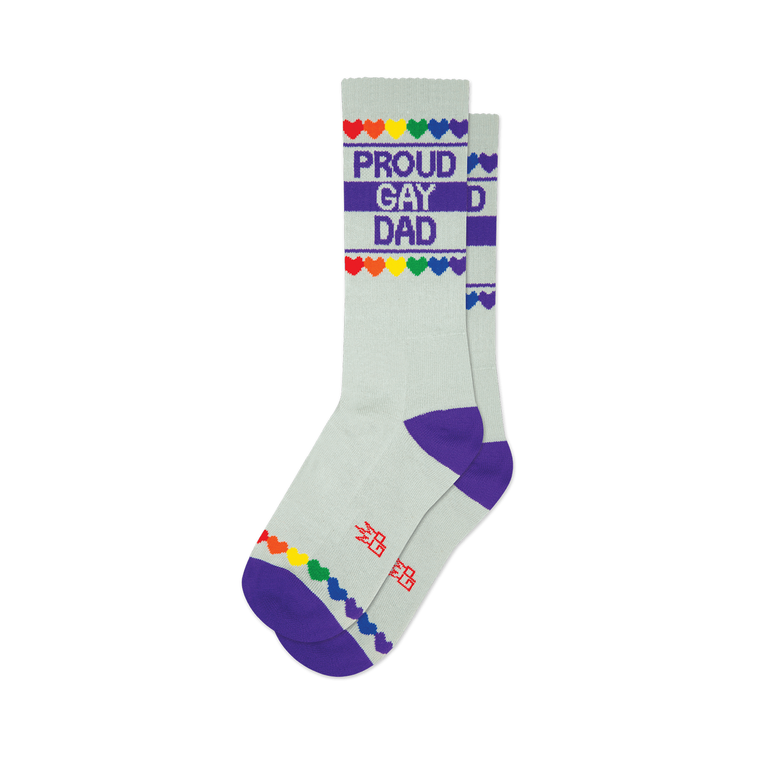 Pair of light grey crew socks with purple cuffs. Design includes 'Proud Gay Dad' text and rainbow hearts.