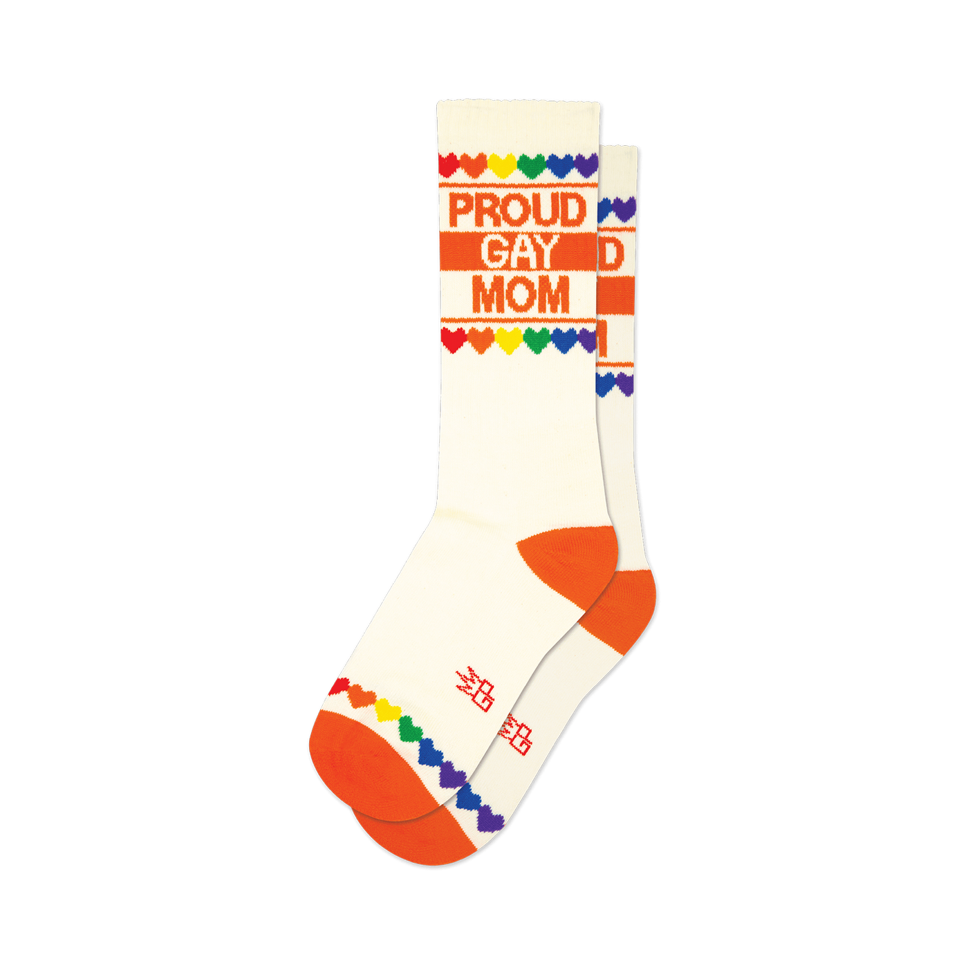 Cream crew socks with orange cuffs and toes.  'Proud Gay Mom' is printed in orange, accented by a rainbow heart border.