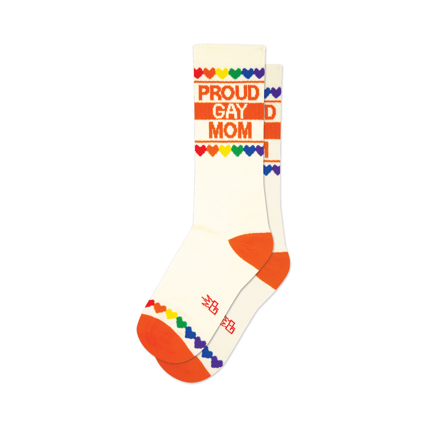 Cream crew socks with orange cuffs and toes.  'Proud Gay Mom' is printed in orange, accented by a rainbow heart border.