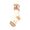 Pair of off-white crew socks with brown and red stripes and an 'I Heart Beans' graphic. 