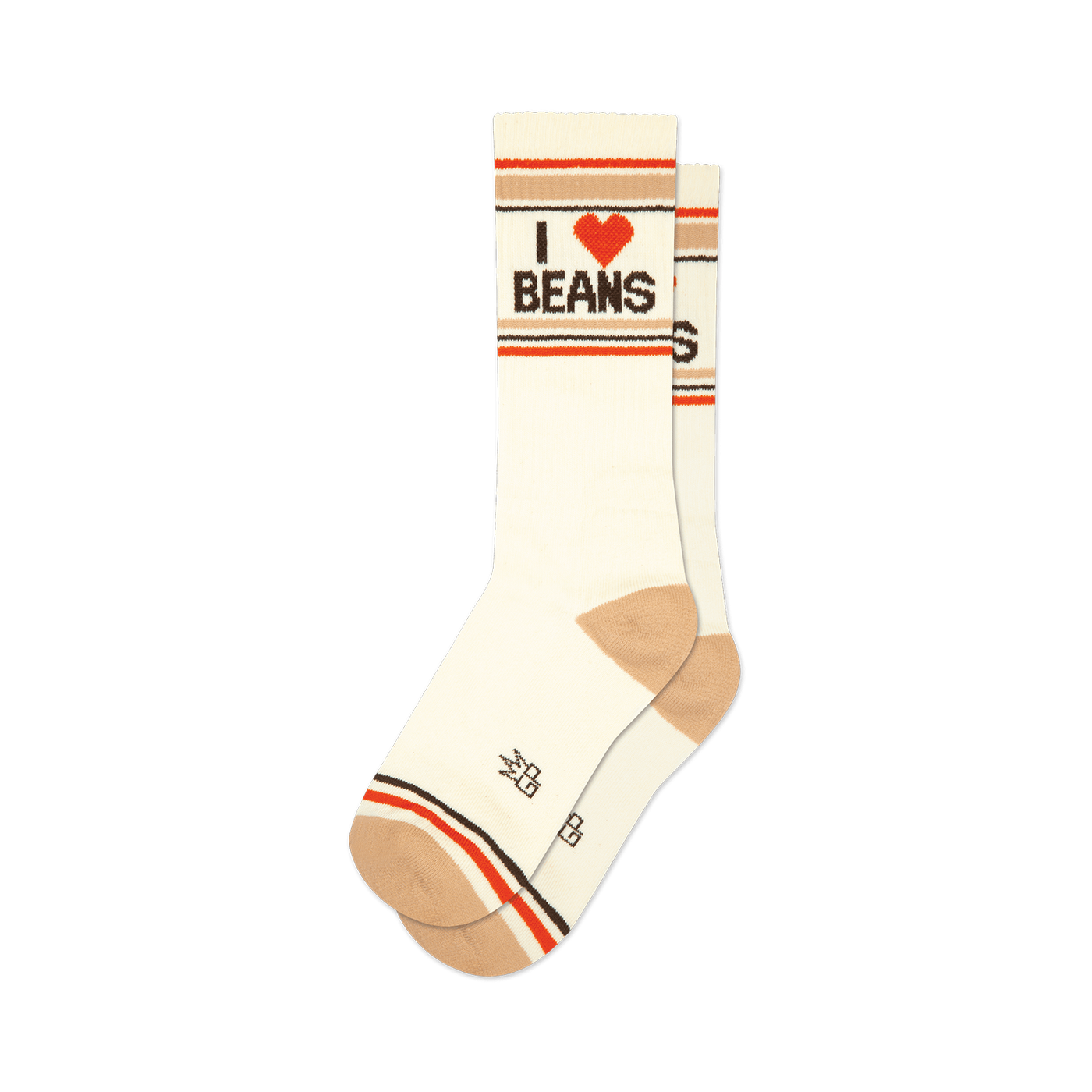 Pair of off-white crew socks with brown and red stripes and an 'I Heart Beans' graphic. 