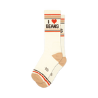 Pair of off-white crew socks with brown and red stripes and an 'I Heart Beans' graphic. 