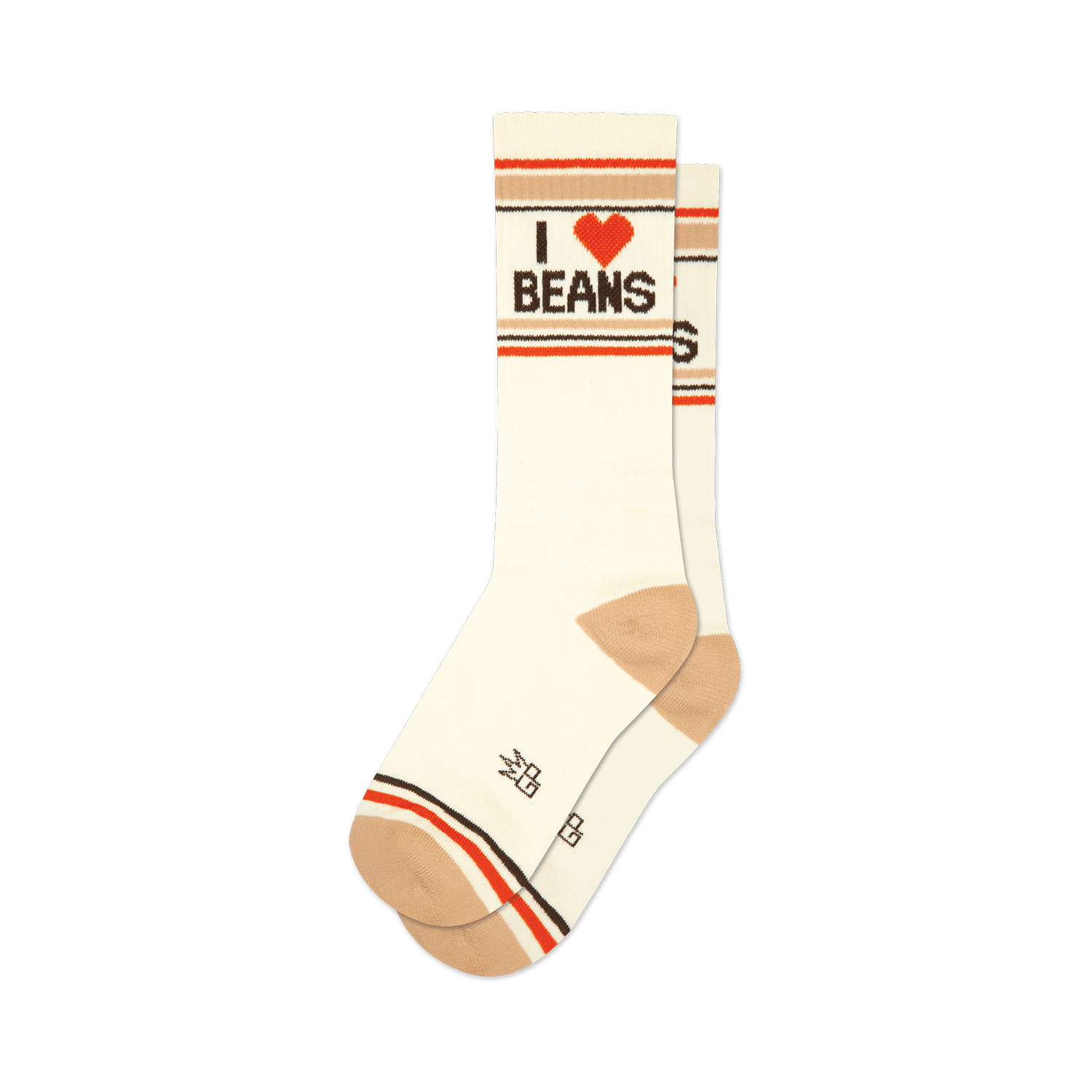 Pair of off-white crew socks with brown and red stripes and an 'I Heart Beans' graphic. 