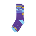 Pair of purple crew socks with light blue and yellow stripes and the text '100% NOT IMPRESSED'.