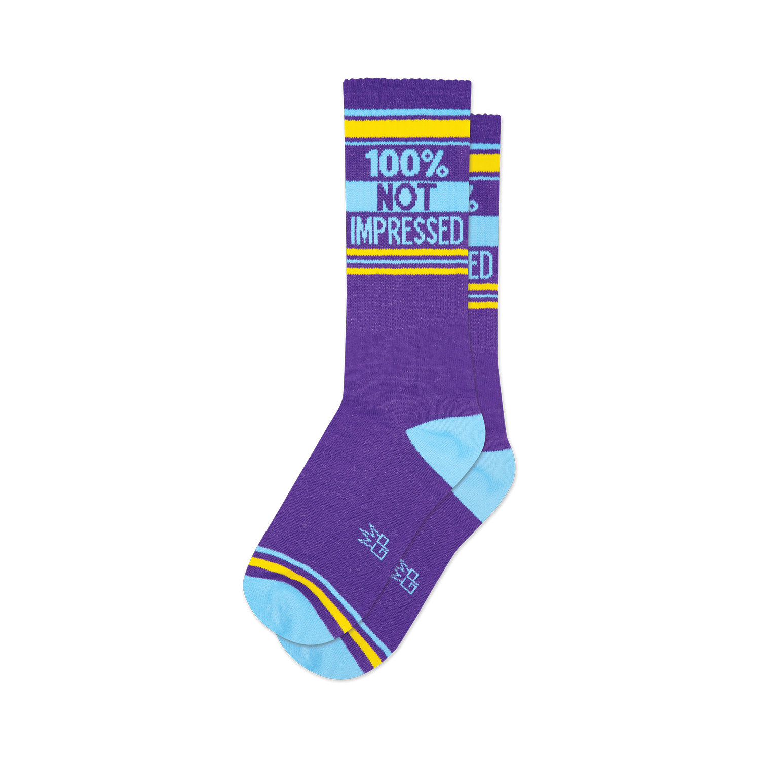 Pair of purple crew socks with light blue and yellow stripes and the text '100% NOT IMPRESSED'.