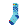 Pair of light blue crew socks with a 'In Dog Years I'm Gay' design and rainbow stripes at the cuffs.