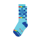 Pair of light blue crew socks with a 'In Dog Years I'm Gay' design and rainbow stripes at the cuffs.