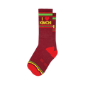 Pair of maroon crew socks with red, green, and yellow stripes and 'I heart kimchi' graphic. 