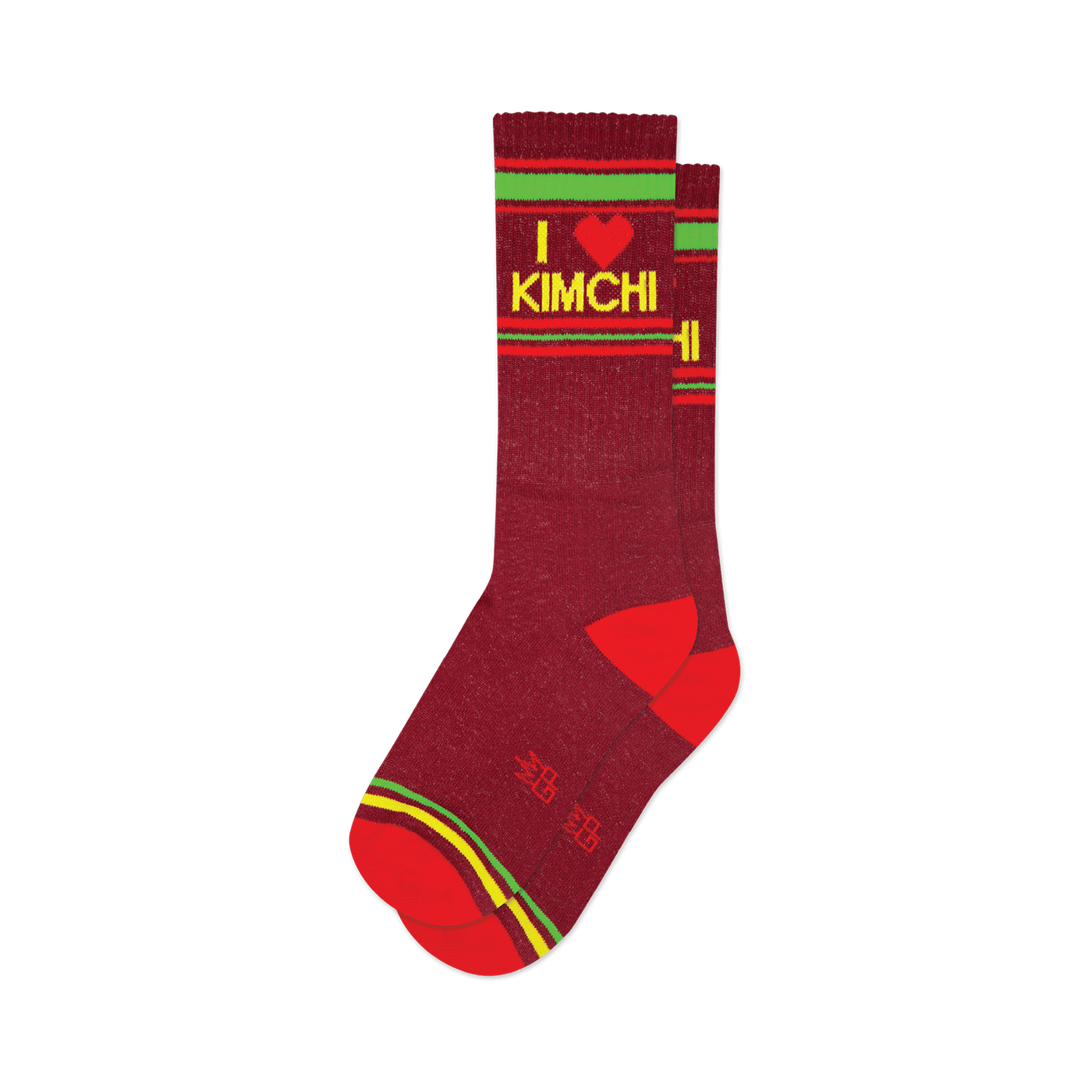 Pair of maroon crew socks with red, green, and yellow stripes and 'I heart kimchi' graphic. 