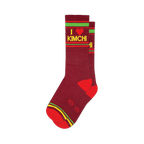 Pair of maroon crew socks with red, green, and yellow stripes and 'I heart kimchi' graphic. 