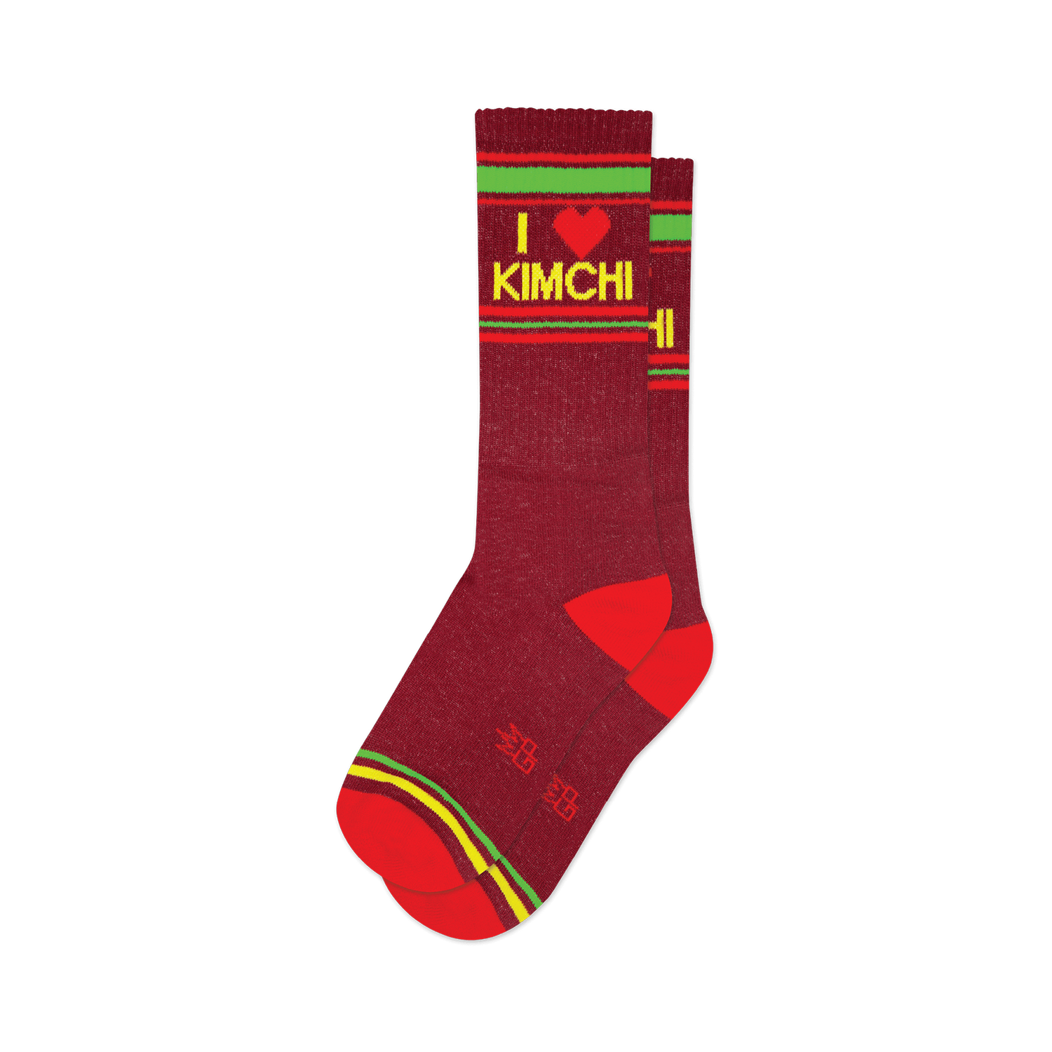 Pair of maroon crew socks with red, green, and yellow stripes and 'I heart kimchi' graphic. 