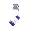 Pair of white crew socks with purple and black stripes and an 'I heart Pickleball' graphic.