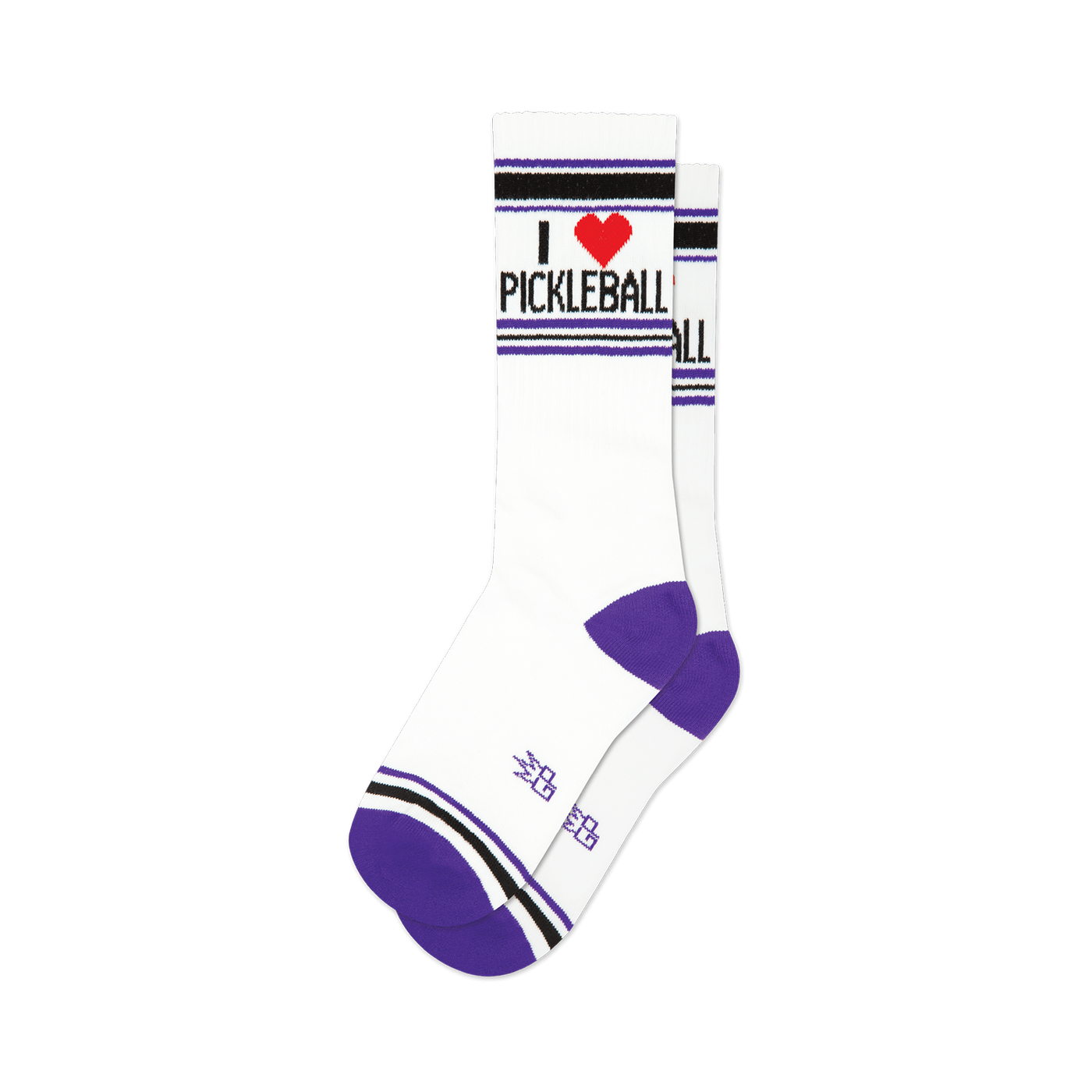 Pair of white crew socks with purple and black stripes and an 'I heart Pickleball' graphic.
