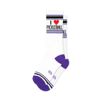 Pair of white crew socks with purple and black stripes and an 'I heart Pickleball' graphic.