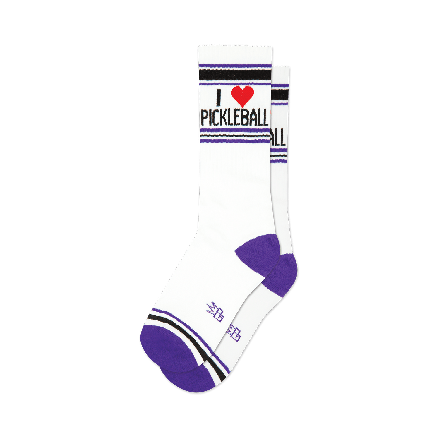 Pair of white crew socks with purple and black stripes and an 'I heart Pickleball' graphic.