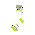 Pair of white crew socks with neon yellow and black stripes and 'Pickleball Nerd' text.