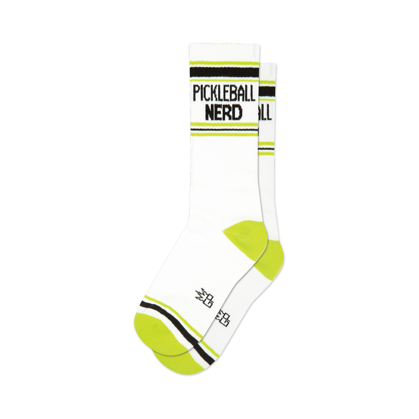 Pair of white crew socks with neon yellow and black stripes and 'Pickleball Nerd' text.