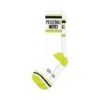 Pair of white crew socks with neon yellow and black stripes and 'Pickleball Nerd' text.