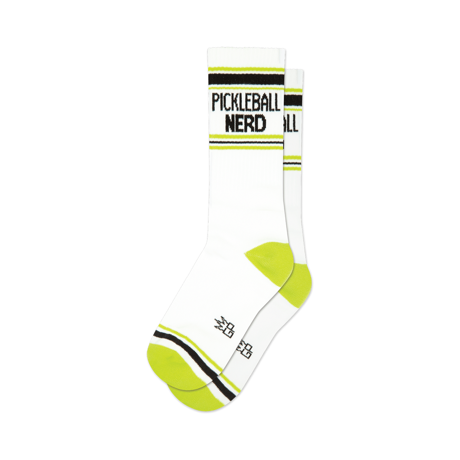 Pair of white crew socks with neon yellow and black stripes and 'Pickleball Nerd' text.