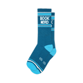 Pair of teal crew socks with light blue stripes and 'BOOK NERD' in white text. 