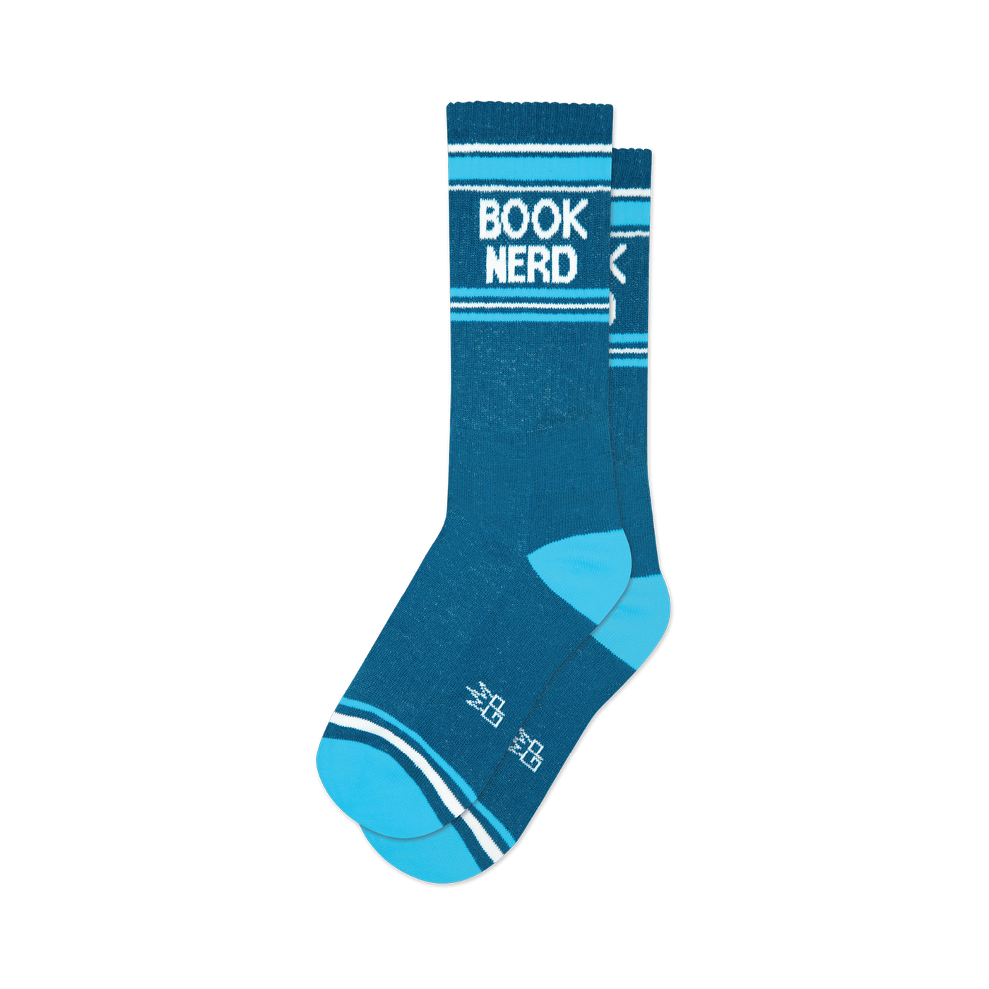 Pair of teal crew socks with light blue stripes and 'BOOK NERD' in white text. 
