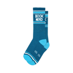 Pair of teal crew socks with light blue stripes and 'BOOK NERD' in white text. 