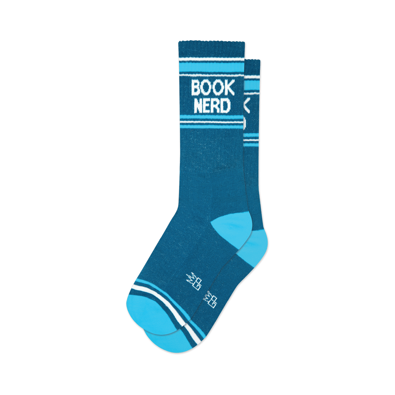 Pair of teal crew socks with light blue stripes and 'BOOK NERD' in white text. 