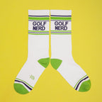 Lifestyle shot of Golf Nerd socks, worn by an unseen person. [lf]