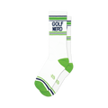 Pair of white crew socks with green and navy blue stripes and 'GOLF NERDS' written on them.