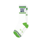 Pair of white crew socks with green and navy blue stripes and 'GOLF NERDS' written on them.