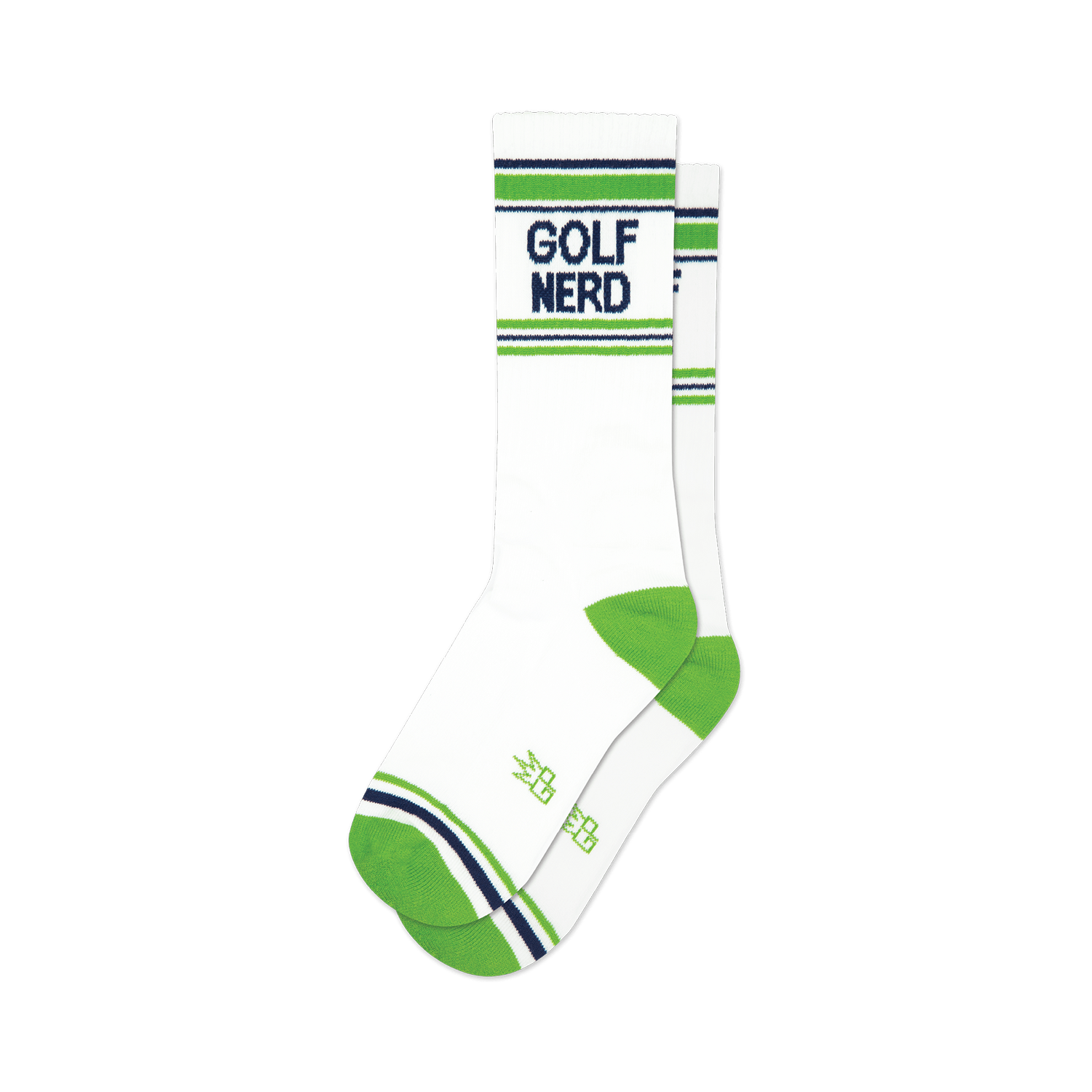 Pair of white crew socks with green and navy blue stripes and 'GOLF NERDS' written on them.